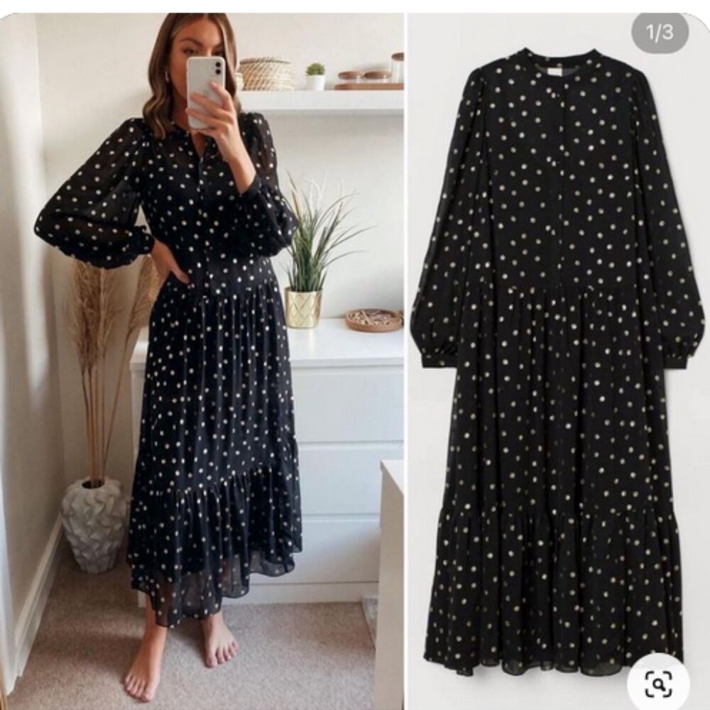 ZARA Dress Black + Gold Metallic Dots Midi + Buttons Sheer + lining (M)